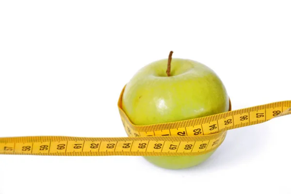 Yellow Measuring Tape Wrapped Apple Concept Dieting Slimming Due Health — Stock Photo, Image