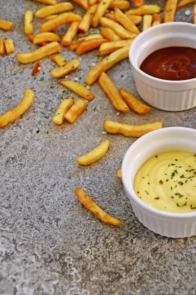 Crispy Fried Fries Sea Salt Grains French Fries Spice — Stock Photo, Image