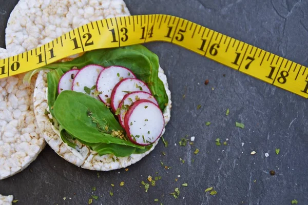 Dark Marble Surface Three Rice Waffles One Lettuce Radishes Yellow — Stock Photo, Image