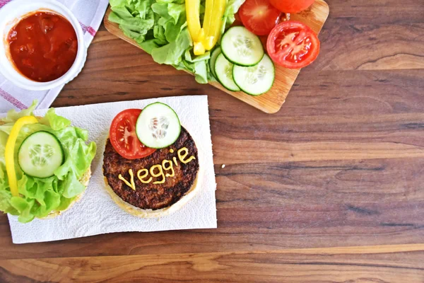 Vegan Burger Preparation Chopping Board Kitchen Table — Stock Photo, Image