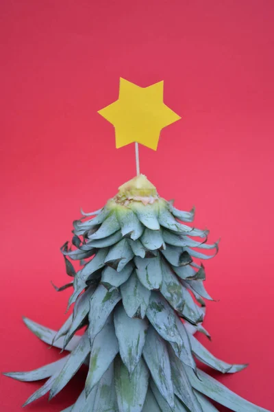 パイナップルの茎は 上に黄色の星を持つクリスマスツリーになります モノクロの背景の前にテキストや要素のためのスペースを持つクリスマスのためのコンセプト — ストック写真