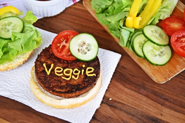 Vegan Burger Preparation Chopping Board Kitchen Table — Stock Photo, Image