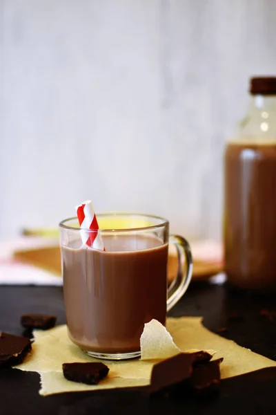 Warme Chocolademelk Glazen Beker Tafel — Stockfoto