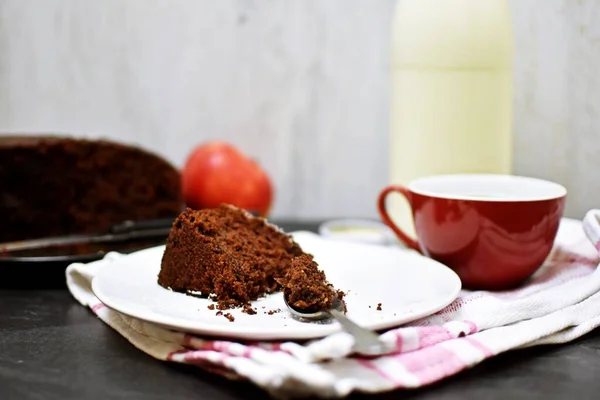 Bolo Chocolate Café Uma Mesa Madeira — Fotografia de Stock