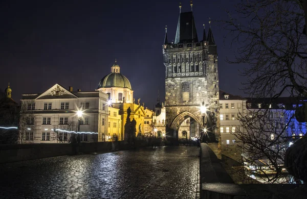 night bridge in Prague. light lanterns. czech republic 2018