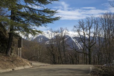 Yol bezelye karlı doruklarına yüksek. mavi açık gökyüzü biraz yonca.