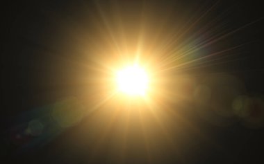 Güneş patlaması aydınlatmasının soyut görüntüsü. Siyah arkaplan yatay çerçevesinde güzel bir dijital lens parıltısı.