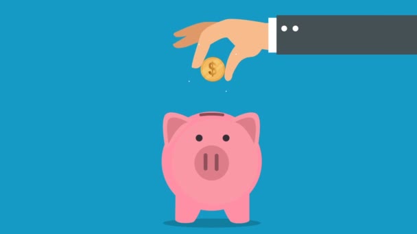 Business Hand Zetten Munt Aan Piggy Bank Animatie Video Geldbesparende — Stockvideo