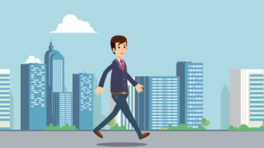 Cityscape arka plan animasyon video ile ana caddede yürüyüş iş adamı. İş adamı yürüyerek şehir Hd video. Hareketli ileri iş kavramı