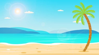 Tropikal plaj seyahat tatil tatil tatil doğa konsept illüstrasyon. Güzel deniz manzarası ve gökyüzü arka plan. Seyahat kavramı.