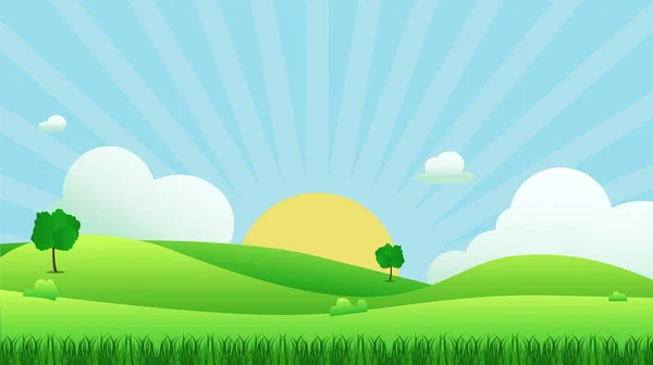 Wiesenlandschaft Mit Gras Vordergrund Illustration Green Feld Und Himmel Blau — Stockfoto