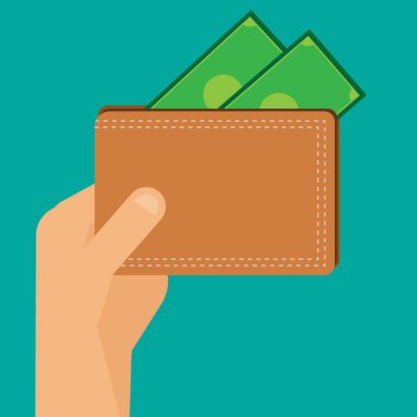 Düz El kahverengi cüzdan para vektörü tutuyor.