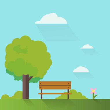 Park yeşil ağaçlar tezgah ve gökyüzü arka plan ile. Şehir Parkı gökdelenler vektör ile peyzaj.