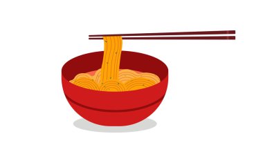 Kırmızı kase vektörlü erişte restoranı. Ramen Japon erişte çorbası. Çubuklu kırmızı kase şehriye çorbası.