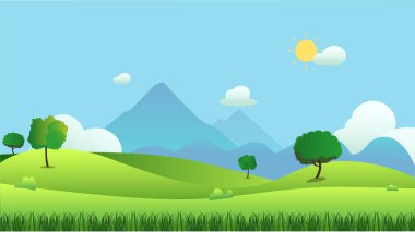 Çim ön plan ve dağ arka plan, vektör illüstrasyon ile Çayır manzara. Yeşil alan ve gökyüzü mavi ve güneş beyaz bulut arka plan ile parlıyor. Güzel doğa sahnesi. Yaz sezonu.