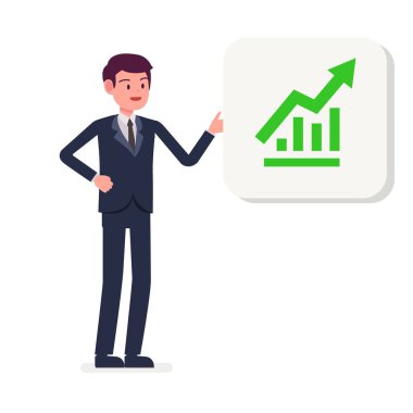 Genç İşadamı artan grafik ikonu vektör illüstrasyonunu sunuyor. Karikatür işadamı yatırım simgesi gösteriyor.