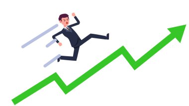 Genç işadamı yeşil büyüyen grafik vektörüyle koşuyor. Çizgi film iş adamı çizgiyle yükseliyor.