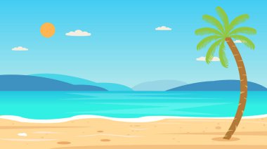 Tropik Plaj Seyahati Tatil Tatili Doğal Konsept Vektör Gösterimi. Güzel deniz manzarası ve gökyüzü geçmişi. Seyahat konsepti..