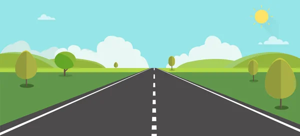 Doğaya giden yol arka plan vektör illüstrasyonu. Tarlası, tepeleri, bulutları, ağaçları ve güneşi olan cadde. Güzel doğa manzarası..