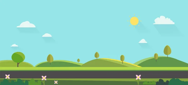 풍경의 Cute Flat Design Green Hills Blue Sky Public Park — 스톡 벡터