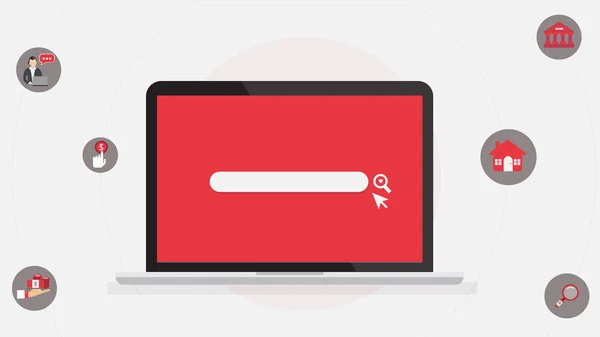 Beyaz arkaplanda arama sekmesi ve iş simgelerine sahip bilgisayar laptopu. Bilgisayar ve internet arama kavramı. Vektör illüstrasyonu