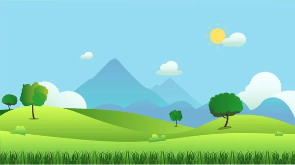 Ландшафтний Пейзаж Переднім Планом Трави Гірським Тлом Векторні Ілюстрації Зелене — стоковий вектор