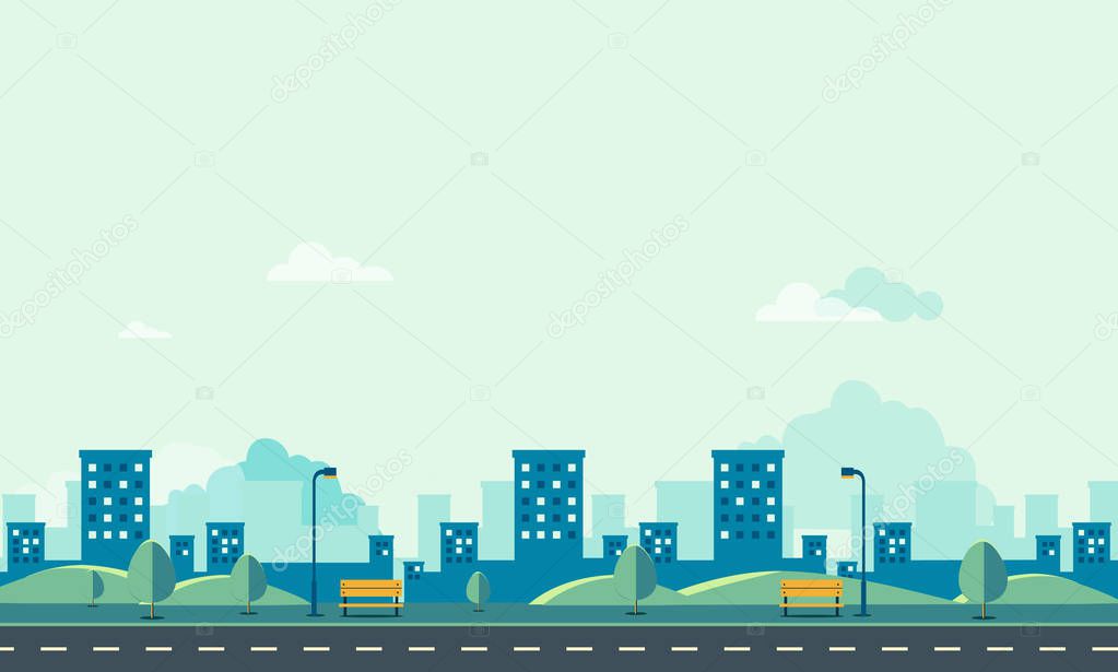 Public park with cityscape and sky background vector illustration.Beautiful nature scene design.Spring landscape with main street.Road with park and bench.