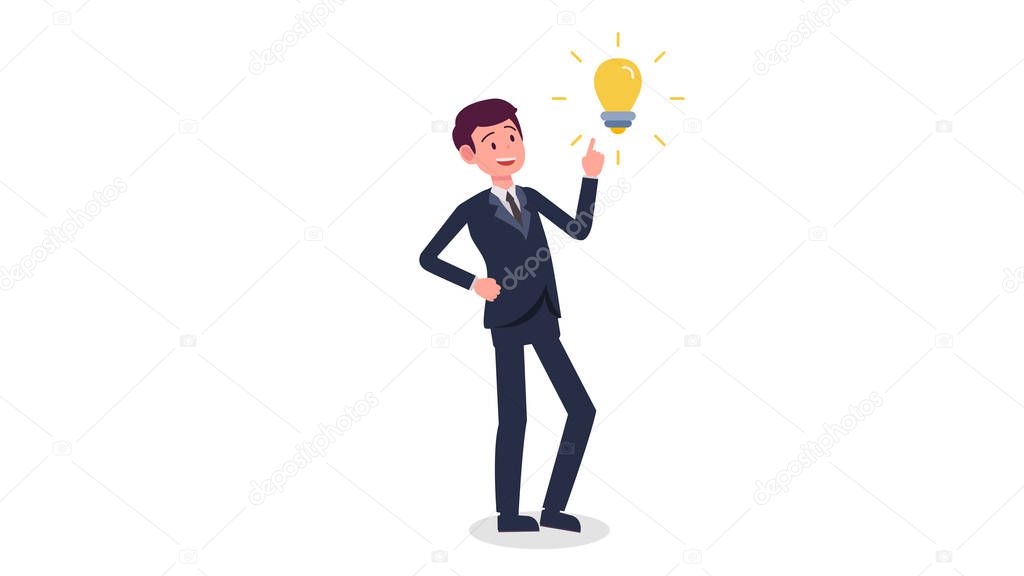 Young business man have a new idea concept vector illustration.Cartoon business man with light bulb.