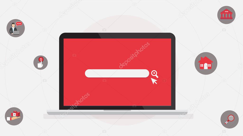 Computer laptop with search tab and business icons on white background.Computer and internet searching concept.Vector illustration