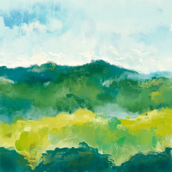 Nature landscape art painting illustration.Landscape of mountain, forest and sky background