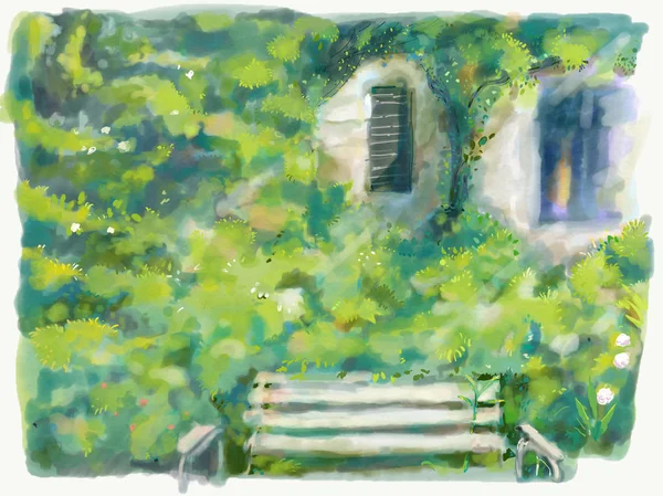 Green garden with bench , flowers , window art illustration.Beautiful nature outdoor.nature landscape park.