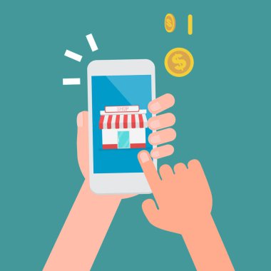 Eller akıllı telefondaki alışveriş simgesine dolar sikkeleri vektör illüstrasyonuyla tıklıyor. Mobil Online iş alışverişi kavramı