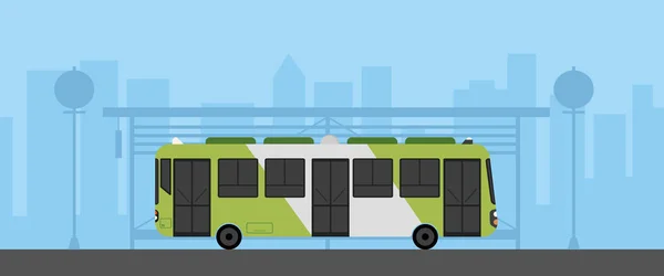 Ônibus Verde Plano Com Parada Ônibus Cena Urbana Ilustração Vetoral — Vetor de Stock