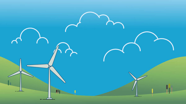 Wind power turbine on hill with sky Vector illustration.Green energy concept.Modern cartoon Nature landscape with wind turbine design.Ecology environmental background.