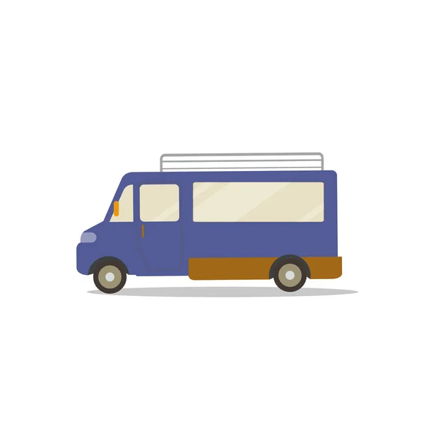 Flat cute cartoon blue van design with isolated white vector.Mini bus flat style.Travel Car concept.