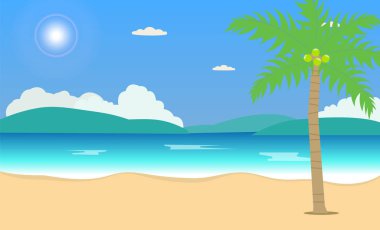 Tropikal Plaj Seyahat Tatil Tatil Eğlence Doğa Kavramı illüstrasyon. Güzel deniz manzarası ve gökyüzü arka plan. Seyahat konsepti. Parlak güneş ve gökyüzü ile Güney plaj