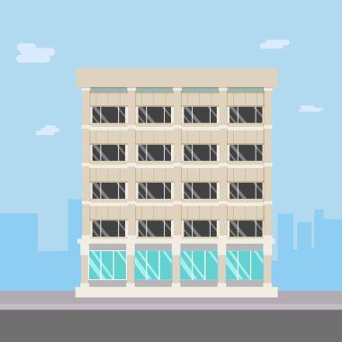 Şehirde ana cadde üzerinde cityscape.Compadny ile Düz tasarım binası