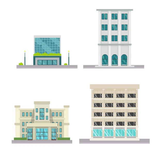 一套矢量平面设计建筑 公司建筑 具有孤立的白色背景 矢量插图 现代建筑集 — 图库矢量图片