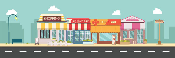 City street and store buildings vector illustration, a flat style design.Business storefront in urban.Public store on main street.Urban scene in midday