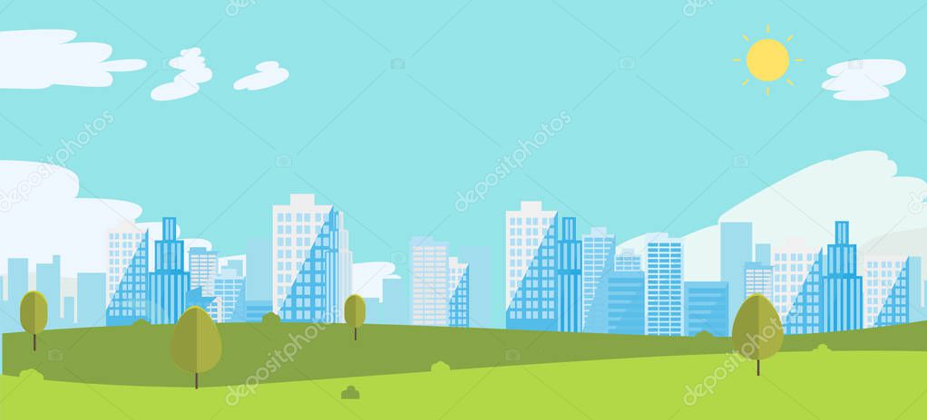 Public park with sky and city background.Beautiful nature scene with town and hill. Vector illustration.Summer with cityscape