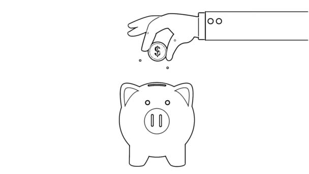 Business Hand Putting Coin Aan Piggy Bank Animatie Cartoon Lijnen — Stockvideo