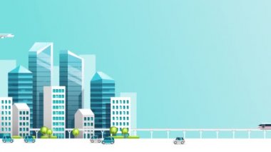 Araba, tren, bina ve gökyüzü ile Akıllı şehir animasyon. Büyüme şehir konsept video. Hareketli grafik şehir manzara. 