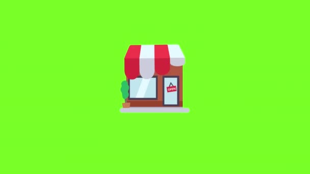 Плоский Магазин Всплывающей Анимации Зеленым Фоном Экрана Альфа Channel Animation — стоковое видео