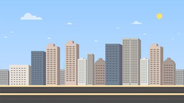 Ana cadde ve gökyüzü arka plan vektör illüstrasyon ile Cityscape. Binalar manzara. Düz tarzda gündüz şehir manzarası. Modern şehir sahne tasarımı