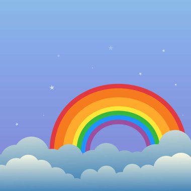Bulutlar ve yıldızlar karikatür vektör illüstrasyon ile gece gökyüzünde Gökkuşağı. Bulutlar üzerinde doğa renkli gökkuşağı
