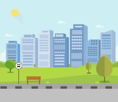 Doğa parkı ve şehir arka plan ile ana cadde üzerinde otobüs durağı. Buidings ile kamu parkı. Doğa manzara vektör illüstrasyon ile güzel cityscape sahne.