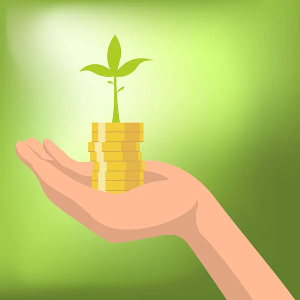 手にコインから成長植物とお金ベクトルイラスト 投資コンセプトのためのお金を節約 — ストックベクタ