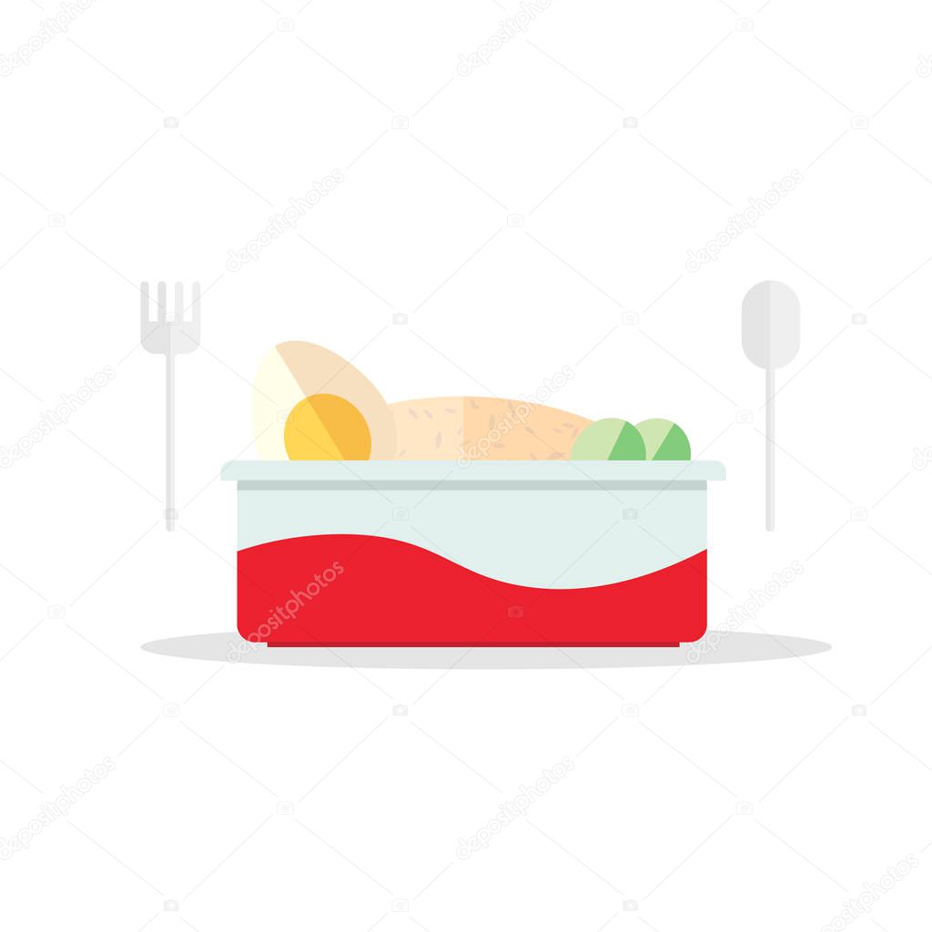 Fast food box flat design with plastic spoon and folk.Ready to eat rice box fastfood for lunch vector.fried rice with egg and vegetable in box