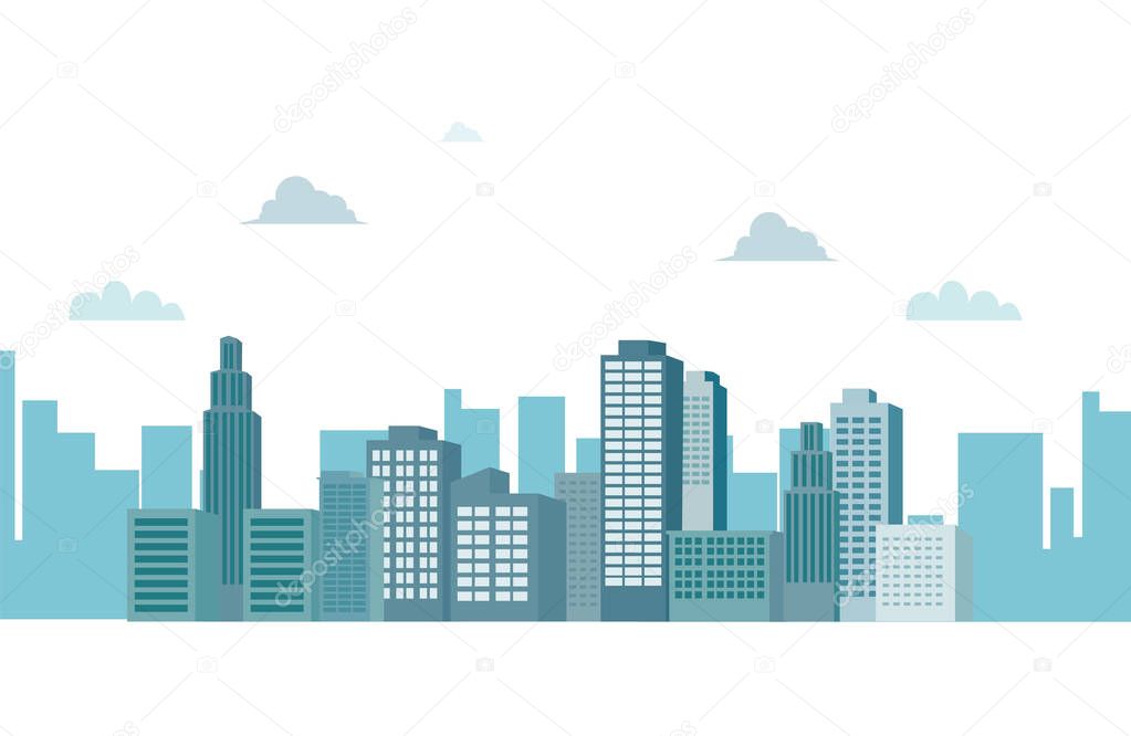 Cityscape with clouds and sky isolated white background vector  illustration.Silhouette building background.landscape of town.modern city and urban scene.
