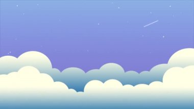 Bulutlar ve yıldızlar karikatür hareket grafik ile gece gökyüzünde gökkuşağı. Yıldız sonbahar ve gökkuşağı ile doğa renkli gökyüzü gece.